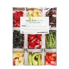 an assortment of fruits and vegetables in plastic containers with labels on the side for sale