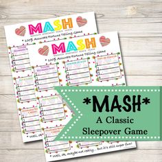 two printable mash game sheets with the words mash and sleepover game