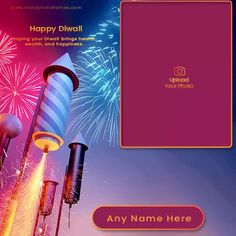 fireworks are lit up in the sky with pink and blue colors on it, along with a purple cover for an upcoming year's greeting card