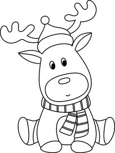 a cartoon reindeer with a scarf and hat on it's head, sitting down