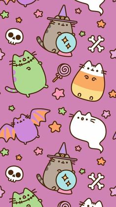 a purple background with cats and skulls on it