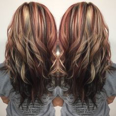 Transitioning Back To Brunette From Blonde, Tri Color Hair Highlights, Brown Hair With Red And Blonde Highlights, Multicolored Braids, Blonde Hair Fade, Calico Hair Color, Calico Hair, Beautiful Brown Hair, Long Hair Highlights