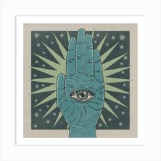 a hand with an all seeing eye in the middle and stars around it, against a green background