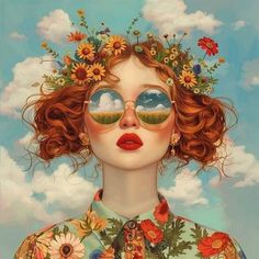 a painting of a woman with sunflowers on her head and sunglasses over her eyes