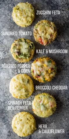 the different types of muffins are shown in this image, and there is also an