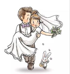 a drawing of a bride and groom holding each other in their arms with a rabbit running behind them