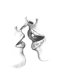 a drawing of two faces with one being kissing the other's head and nose