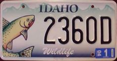 a license plate with a fish on it's front and the words idaho written in white