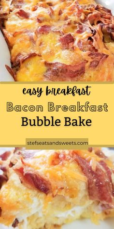 bacon breakfast bubble bake on a white plate with the title in yellow above it