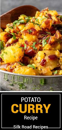 potato curry recipe in a bowl with text overlay