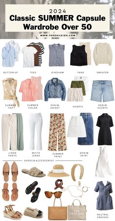 2024 Classic Summer Capsule Wardrobe for Women Over 50 Summer Office Outfits 2024, Summer Capsule Wardrobe 2024, Triangle Outfits, White Jeans Summer, Capsule Style, Casual Travel Outfit