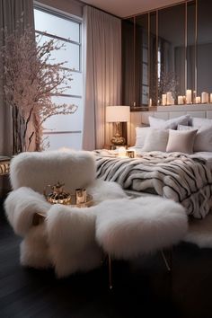 a bedroom with a zebra print bed spread and white fur rugs on the floor