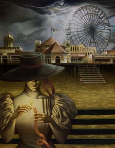 a painting of a woman wearing a hat and holding a candle in front of a ferris wheel