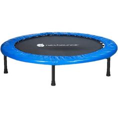 a blue trampoline with black legs on a white background