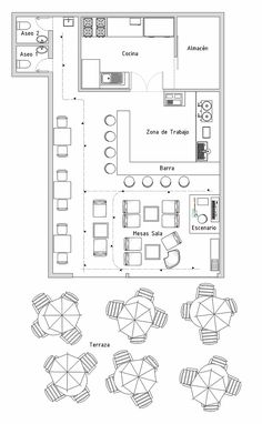 the floor plan for a restaurant with tables and umbrellas around it, as well as seating