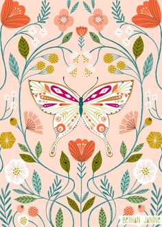 a pink background with an image of a butterfly and flowers in the center, surrounded by leaves