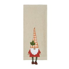 a towel with an image of a gnome wearing a red and white checkered hat