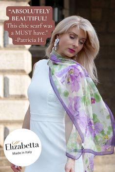 Elevate your wardrobe with an Italian-made lavender floral silk scarf by Elizabetta. This long silk scarf, handcrafted in Italy, will transform any outfit into a work of art. Perfect for those who appreciate the finer things in life, you won't want to miss out on this luxurious accessory. Elegant Silk Scarf For Summer Gift, Chic Silk Scarf For Summer Weddings, Chic Spring Silk Scarf For Wedding, Feminine Silk Scarves For Formal Occasions, Chic Silk Scarf For Wedding In Summer, Chic Scarves For Spring Wedding, Chic Wedding Scarves For Spring, Elegant Silk Shawl Scarf For Spring, Elegant Silk Scarf For Summer Weddings