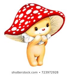 a cute little teddy bear with a big mushroom on its head is standing in front of a white background