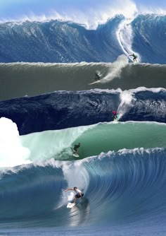 three surfers are riding large waves in the ocean