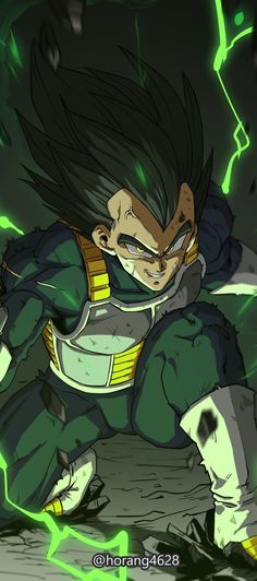 an animated image of gohan from the dragon ball anime series, with green and yellow lighting