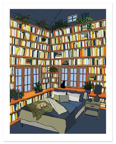 A cozy bedroom filled to the ceiling with books and books and books. Cat and dog love whiling away the hours in this space, staring out the window and batting at the plants. This a high-quality digital print of my original ink drawing that I added color to digitally. I print in my home studio on 100% cotton Epson fine art papers because they are beautifully textured, have substantial weight and the bright white surfaces make the colors rich and true. I use high density pigment inks that are long Cat And Dog Love, Staring Out The Window, Bedroom Library, Victorian Paintings, Dark Academia Decor, Original Ink Drawing, Vintage Library, Simple Canvas Paintings, Architectural Prints