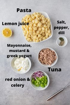 ingredients to make pasta in bowls on a table