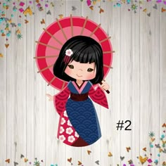 a girl with an umbrella and some confetti in her hand on a wooden background