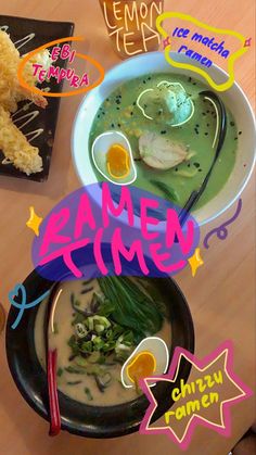 two bowls of soup on a wooden table