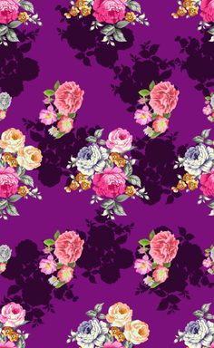 a purple background with pink, white and red flowers on the same color as they appear in this image