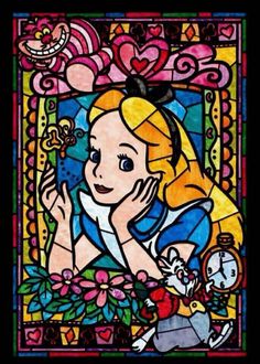 a stained glass window with a cartoon character