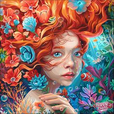 a painting of a girl with red hair and flowers on her head, surrounded by water