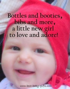 a baby wearing a red hat and smiling at the camera with words above it that read bottles and bottles, bibs and more, a little new girl to love and adore