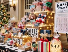 A well-decorated raffle display table is key to grabbing attention and adding excitement to your event. Whether you're hosting a holiday party, fundraiser, or special event, the raffle table is a focal point that should draw guests in and build anticipation. Here are some top tips for creating a stunning raffle display that will keep people excited about participating. Christmas Raffle Table, Raffle Table Display Ideas, Holiday Raffle, Ticket Display, Fundraiser Raffle, Gold Tablecloth, Raffle Basket, Raffle Prizes, Display Table