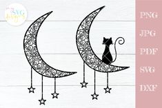 a black cat sitting on the moon with stars and crescent cut file for cricut