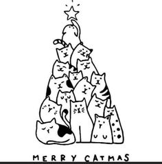 a black and white christmas tree with cats on it's bottom, saying merry catmas