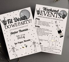 two flyers for a party with wine glasses and skeleton figurines on the front