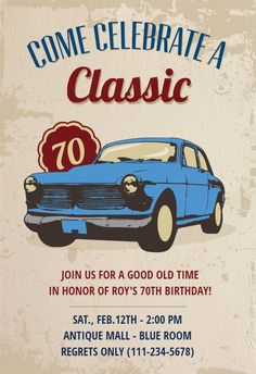 an old car birthday party card with the number 70 on it's front and back