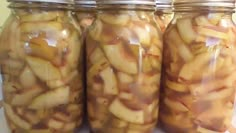 three jars filled with sliced apples sitting on top of a counter