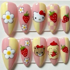 My Melody Press On Nails, Sanrio Nail Art, Band Nails, Water Color Nails, Retro Nails, Asian Nails, Cute Nail Art Designs, Goth Nails, Work Nails