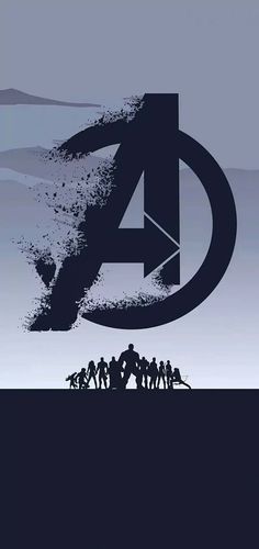 the avengers logo is shown in this black and white poster with people standing around it