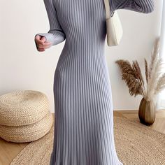 Ribbed Ruffle Hem Midi Dress, Elegant Crew Neck Long Sleeve Dress, Women's Clothing Lavender-Asian M(2) Long Midi Skirt, Long Outerwear, Midi Dress Elegant, Sweater Dress Outfit, Knit Sweater Dress, Dress Elegant, Ruffle Hem, Modest Fashion