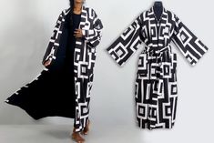 Large black and white kimono geometric design Long bathrobe dressing gown in original digital printed cotton Kimono, indoor clothing for men or women lined with plain black cotton 2 large pockets on the sides and a wide belt to tie in front or behind, geisha style Comfortable and elegant, light, refined, chic and unique, it is ideal for getting out of bed or for staying very smart at home. Sent in a matching gift wrap pouch. This kimono is an original design and is part of the AKKA CREATION coll Black Long Printed Kimono, Long Black Printed Kimono, Black Printed Long Kimono, Black Cotton Kimono With Print, Black Printed Cotton Kimono, Long Black Cotton Kimono, Black Long Cotton Kimono, Black Cotton Printed Kimono, Black Oversized Cotton Kimono