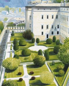 an artist's rendering of a garden in front of a large building with lots of trees and bushes