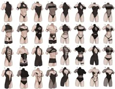 an assortment of swimsuits with different styles and sizes on display in front of a white background