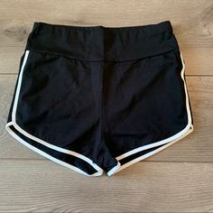 Black Dolphin Shorts With White Piping. Great For Wearing Alone Or Over A Swimsuit Bottom. Black Summer Workout Bottoms, Black Summer Athletic Shorts, Black Stretch Summer Bottoms, Femboy Shorts, Black Dolphin, Grey Sweat Shorts, Neon Shorts, 80s Fashion Trends, Shein Shorts