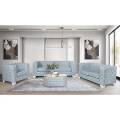 a living room with blue couches and chairs