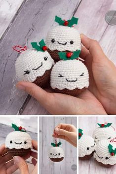 crocheted christmas ornaments are being displayed in different stages of creation, including making them look like they have been made from yarn