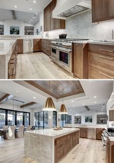 this kitchen has wooden cabinets and marble counter tops, along with an island in the middle