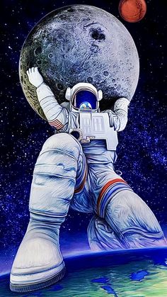 an astronaut in outer space holding the earth up to his face with both hands and feet